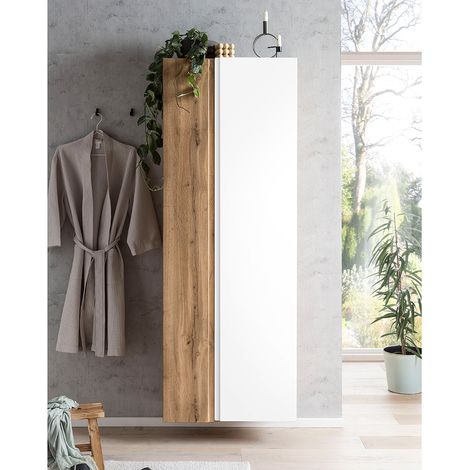 Badezimmer Hochschrank 65cm VASTO-03-WHITE in Wotan Eiche Nb. mit weiß matt, B/H/T ca. 65/180/35 cm (1/5)