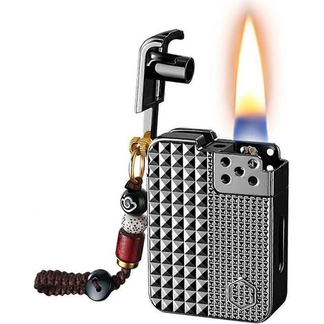 Briquet à pétrole vocal mini carré métal gaufré, fenêtre niveau carburant visible, flamme stable, cadeau homme noir (1/5)