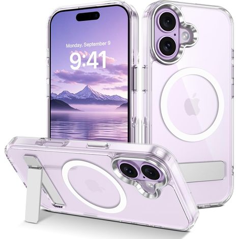 Coque pour iPhone 17 Magnétique Compatible avec MagSafe, Béquille iPhone 17 avec 3 Modes de Support, Transparente Dur PC Arrière Housse + TPU Bumper Antichoc - Clear (1/5)