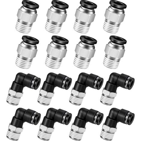 16 pièces Raccords Coudés et Droits,Manchon de Carte de 6mm à 1/4" Mâle Traversant et Coude de 90 Degrés Raccord Pneumatique,Raccord d'air comprimé Push-In PL1/4"-N2 / PC1/4"-N2 (1/5)