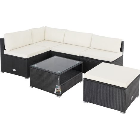 CASARIA® XL Polyrattan Garden Corner Lounge Furniture Set 5 Seater Weatherproof Seats with Cushions 5mm Safety Glass Top Table Outdoor Patio Sofa black/cream (1/5)