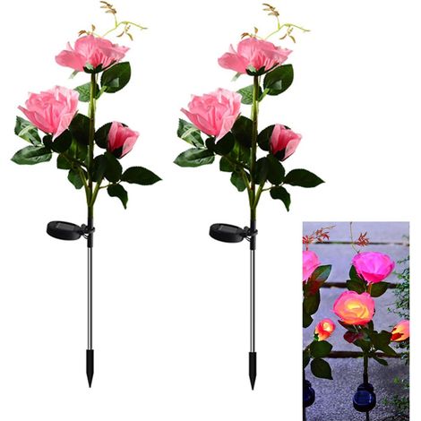 Dos luces solares de jardín para exteriores, rosas artificiales, luces paisajísticas para patios, senderos, fiestas, jardines, patios, color rosa, 3 cabezas. (1/5)