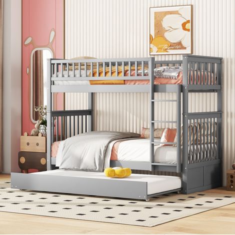 Letto a castello moderno in pino grigio 90x200 cm con letto estraibile, scala laterale e sponde alte