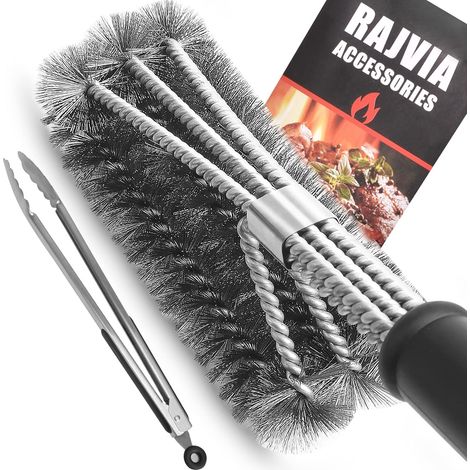 1 Brosse pour barbecue, 3-en-1 rotative, poils acier inoxydable, grattoir intégré, manche 45 cm, compatible lave-vaisselle (1/4)