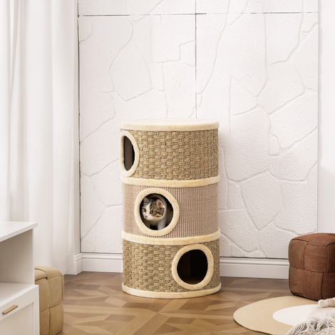 Arbre à chat en sisal naturel et jonc de mer, recouvert de peluche, 45 x 45 x 79 cm, kaki-café (1/5)
