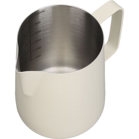 Milchkännchen aus Edelstahl für Kaffee, spitzer Ausguss, 350 ml, weiß, zum kunstvollen Aufschäumen von Milch zu Hause oder im Café. (1/5)