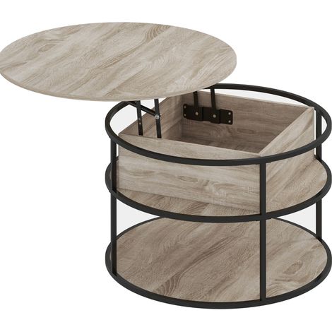 Tavolino da caffè rotondo sollevabile con contenitore, mensole laterali, MDF, rovere (1/5)