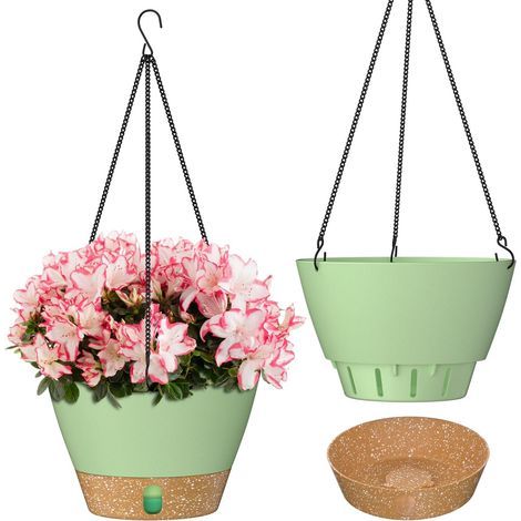 20 cm Hangende Plantenpot 8 Inches Tuinornamenten Bloempotten met Zichtbaar Waterpeil Bak Drainagegaten Verwijderbare Schotel voor Binnen Buiten Planten (Groen, Set van 2) (1/5)