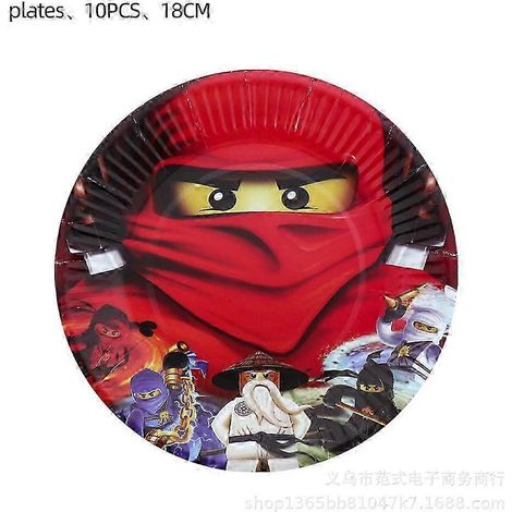 Assiettes en carton Ninjago, gobelets en carton, essuie-tout, boîtes de Rice Krispies, nappe de fond, nappe de fond avec fanions, anniversaire Ninjago (1/4)