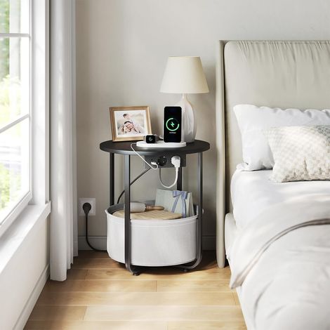 WOLTU Mesa auxiliar, mesa de centro, con cesta extraíble, 2 enchufes, 1 puerto USB y 1 puerto USB-C, redonda, negra y gris (1/5)