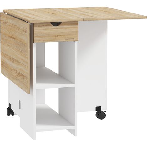 Tavolo da Pranzo Salvaspazio Pieghevole a Ribalta 120x72x75 cm con Cassetto e Ripiani in Melamina Rovere (1/5)