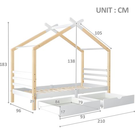 Lit cabane enfant 90x200 avec rangements, bois massif pin, sommier lattes inclus, chambre ado ou enfant, blanc et bois naturel (1/5)