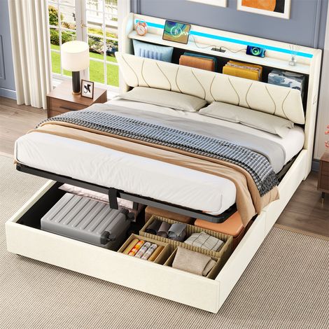 Upholstered Bed Frame with Hydraulic Storage & LED Headboard - Modern Linen Bed with USB/Type-C Charging Station, Concealed Storage and No Box Spring Needed, Beige,4ft6 Double Bed (1/5)