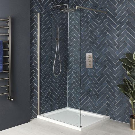 Milano Hunston Brushed Nickel Walk In Wet Room Shower Enclosure with Screen Support Arm and White Tray - 900mm x 900mm (1/4)