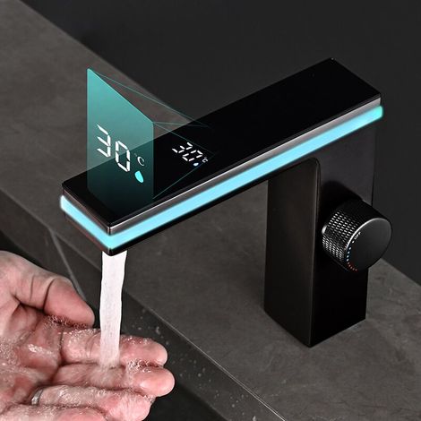 Robinet de Lavabo Intelligent LED - Mitigeur Électronique avec Affichage Numérique de Température - Eau Chaude/Froide - Design Moderne pour Salle de Bain (Incl. Flexibles 60 cm)