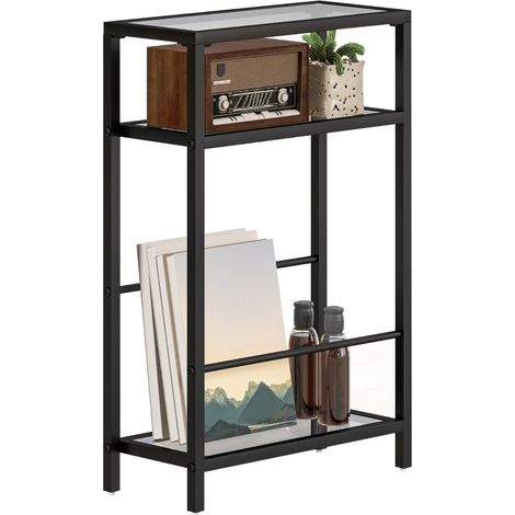 Table d’appoint noire étroite à trois niveaux avec plateau en verre trempé et étagère de rangement, idéale pour les petits espaces