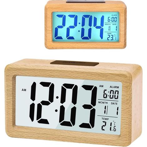 Reloj despertador de madera con módulos sensores y pantalla grande: fecha, temperatura, luz nocturna y función de repetición de alarma. (1/5)
