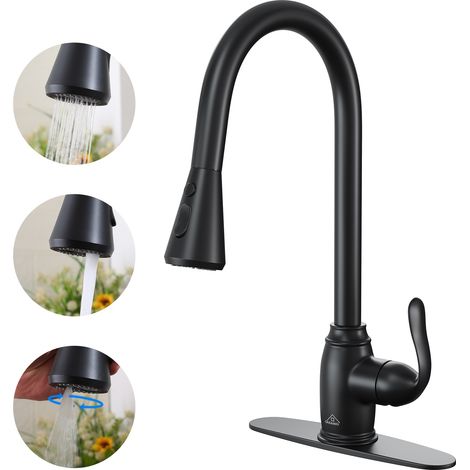 Robinet de cuisine noir mat à trois fonctions avec douchette extractible. Robinet de cuisine noir mat à poignée unique, montage sur plage, douchette extractible (plaque de montage incluse). (1/4)