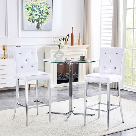 Ensemble de 2 tabourets de bar, tabourets de comptoir en cuir blanc effet crocodile avec boutons en cristal, tabourets de cuisine à dossier haut avec pieds en métal chromé, tabourets de bar pour îlot (1/4)