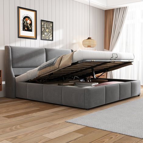 Polsterbett 180x200 cm grau mit Bettkasten, platzsparend, ohne Matratze – MEUBLIV (1/5)