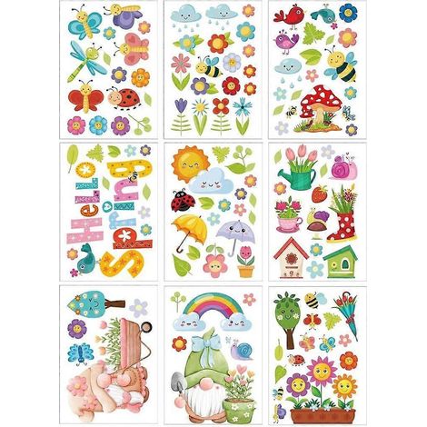 Décorations de fenêtres printanières : fleurs et oiseaux, autocollants statiques.