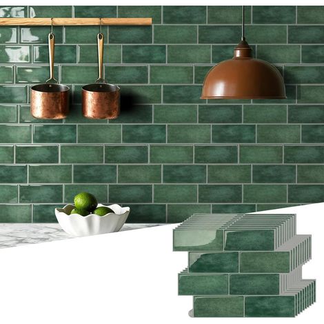 Panneaux adhésifs pour murs 10 feuilles, 3D tuiles pour murs à coller et à décoller la cuisine, vert vintage carreaux adhésifs pour cuisine salle de bains (29 x 21 cm) (1/5)