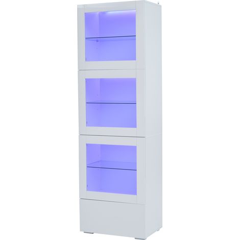 Vitrine blanche 60x40x173 cm avec LED, 3 portes acryliques, 3 étagères en verre réglables, 1 tiroir – meuble de rangement salon (1/5)
