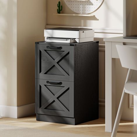 Caisson Bureau 2 Tiroirs, Dossiers Suspendus Lettre/A4, Style Rustique, 40x40x71 cm, Noir (1/5)