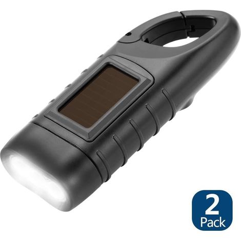 Set mit zwei wiederaufladbaren LED-Kurbeltaschenlampen – Solarbetriebene LED-Taschenlampen – Handkurbeltaschenlampen – Wasserdicht – Notlicht – Tragbar – Mit Karabinerhaken – Schwarz