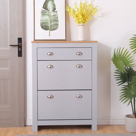 FURNITURE HMD Wooden Grey+Oak Shoes Storage Cabinet Footwear Stand Cupboard Hallway Unit 1+2 Drawers,78x25x108cm(WxDxH) (1/5)