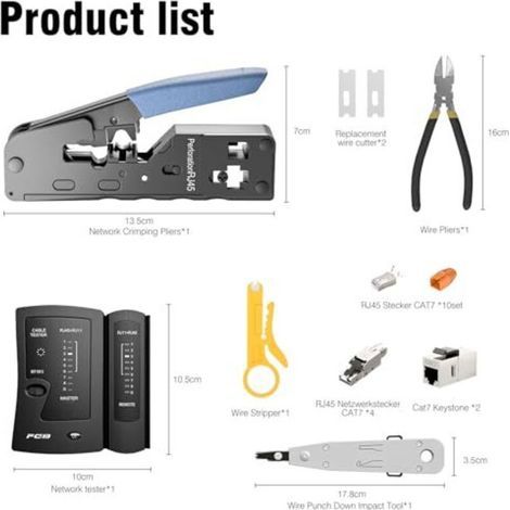 Kit d'outils réseau, pince à sertir RJ45 traversante pour câbles Cat7, Cat6, Cat5 avec 4 connecteurs réseau Cat7 sans outil, 10 connecteurs RJ45, outil de perforation LSA, testeur de (1/4)