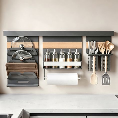 doporro Küchen Organizer aus Metall, Gewürzregal Wand ohne Bohren, Küchenreling 82 cm mit 1-stöckigem Gewürzregal, Küchenrollenhalter, Deckelhalter und 2 Besteckhalter, Grau Reglo Schiene 82cm