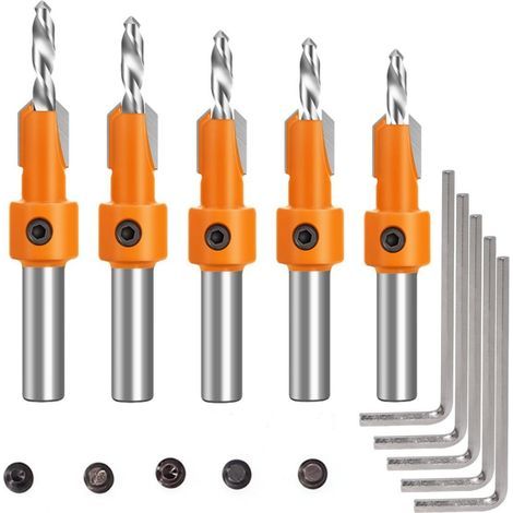 5 Pièces 8mm Foret Chanfrein à Bois Chanfrein Compteur, Forets Fraisés à Chanfreiner pour le Travail du Bois, avec Clé Hexagonale et Vis (1/5)
