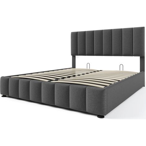 Cama canapé tapizada 140x200 cm de lino gris con somier metálico y colchón (1/5)