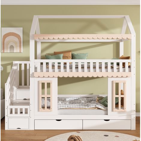 Letto a castello a casetta 90x200 cm con scala contenitore, 2 cassetti, bianco/naturale HAVRYA (1/5)