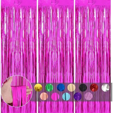 3 pièces Rideau Métallique Frange Rose Vif, 1mx2m Scintillants Foil Rideau Shimmer Décoration Foil Rose Vif RIDEAU (1/5)