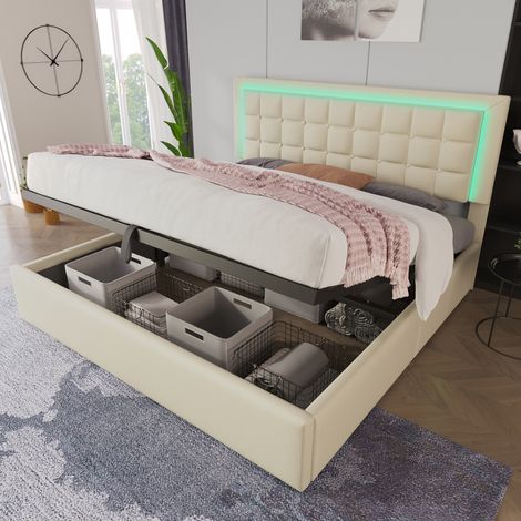Cama doble 180x200 cm de madera y PU blanco con almacenaje FloraGrace (1/5)