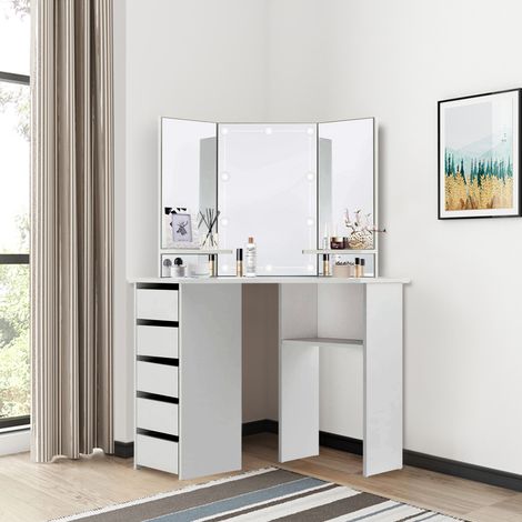 Ml-Design – Coiffeuse moderne blanche 110x54x141,5 cm – Éclairage LED – 3 miroirs – 5 tiroirs – 3 étagères de rangement – Bois MDF (1/5)