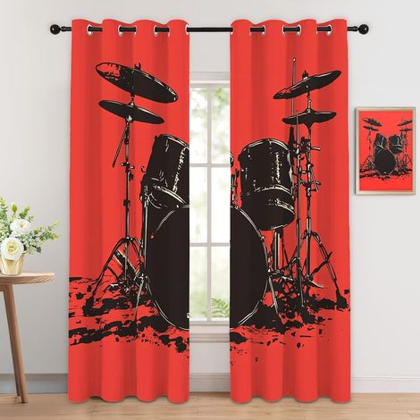 Rideau Occultant Musique - Décoration Musique, Rideau Thermique Motif Rock Instrument Batterie, Lot de 2 Rideaux Opaque à Oeillets pour Fenetre Chambre Salon Chambre Enfant, 140x160 cm (LxH) - 2x L 14 (1/5)