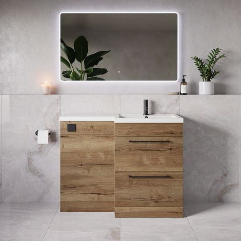 Napoli 390 Tobacco Oak 1100mm 2 Drawer Vanity Unit Toilet Suite with Square Right Hand Lucia Basin - 1100mm - Matt Black 320mm HandleWithout Kingston Toilet Pan