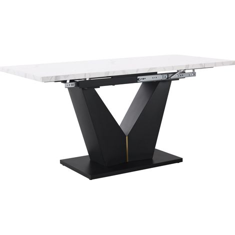 Table repas extensible 99-159 x 75 x 75 cm, MDF effet marbre, structure en V, blanc (1/5)