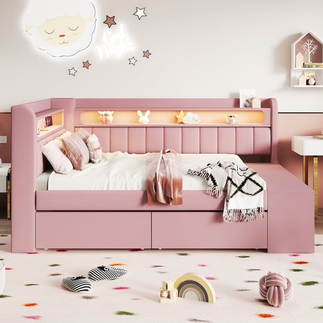 Canapé lit capitonné 90x200 cm avec éclairage LED port USB meuble chaussures 2 tiroirs, multifonction gain de place chambre salon, tissu bois pink