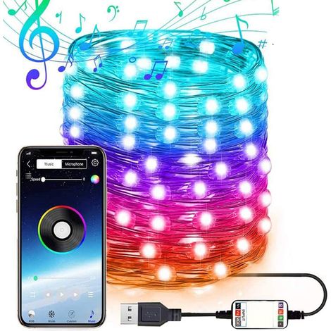 Un ensemble de guirlandes lumineuses Bluetooth neuves (20 mètres, 200 LED) avec application mobile, fil de cuivre, Bluetooth USB et fil de cuivre. (1/5)