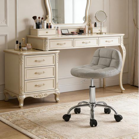 REDOM silla de oficina giratoria, altura ajustable, respaldo bajo, base de metal, terciopelo gris claro (1/5)