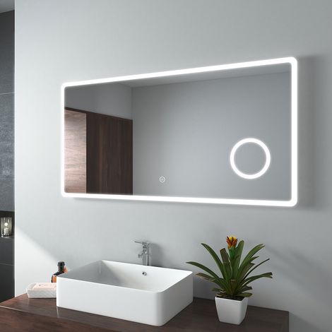 EMKE Miroir de salle de bain LED avec Loupe 3 Fois 120x60cm  Loupe 3x, Interrupteur Tactile  Lumière Blanche Froide (1/5)