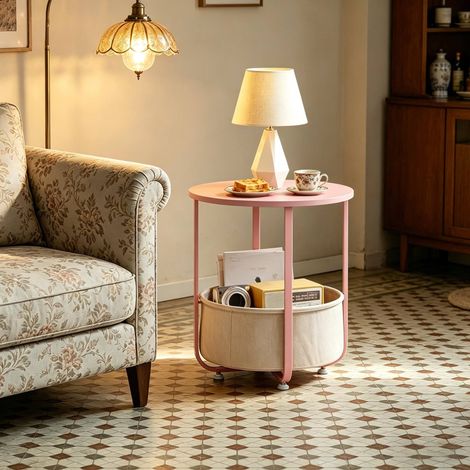 Tavolino rotondo 45x45x50 cm rosa in legno, metallo e tela con cesto contenitore (1/4)