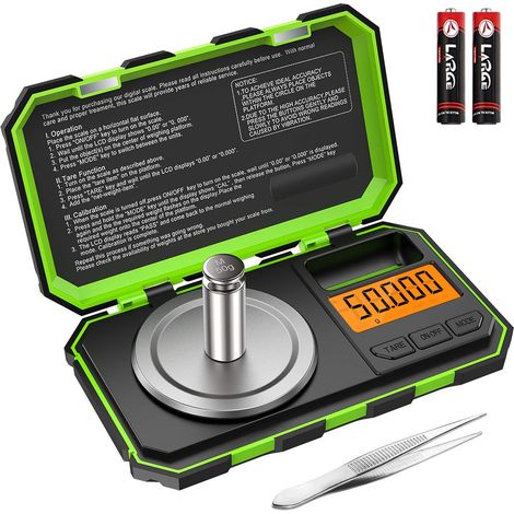 Balance de Cuisine, 50g/0.001g Balance de Poche Numérique, Balances Alimentaires de Précision 0,001 g, avec Étalonnage Poids 50g, Pince à Épiler, Fonction de Tare, LCD Rétroéclairé - Vert (1/5)