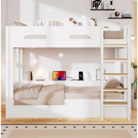 Litera 90/200 cm blanca con USB y estantes laterales, diseño compacto (1/5)