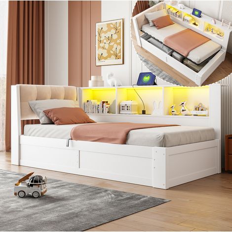 Letto singolo 90x200 cm con contenitore idraulico, LED regolabile, USB e mensola bianca (1/5)