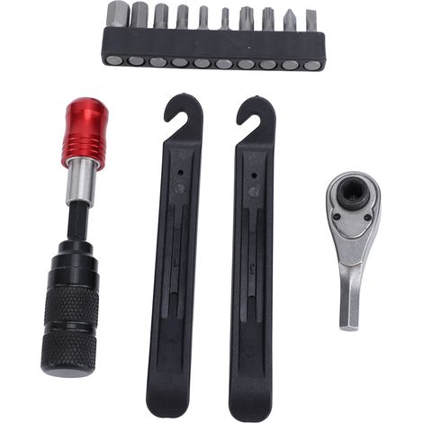 Kit d'entretien de vélo portable comprenant une clé à cliquet multifonction, des démonte-pneus et des embouts de tournevis. Idéal pour la maison. (1/5)